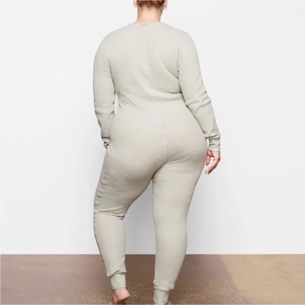 SKIMS Talc Waffle Knit Henley Front Thermal Onesie Sz L NWT